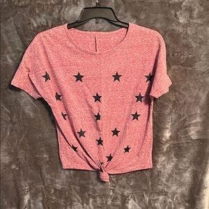 Women's Star Print Knot Front Top - burgundy red with blue stars